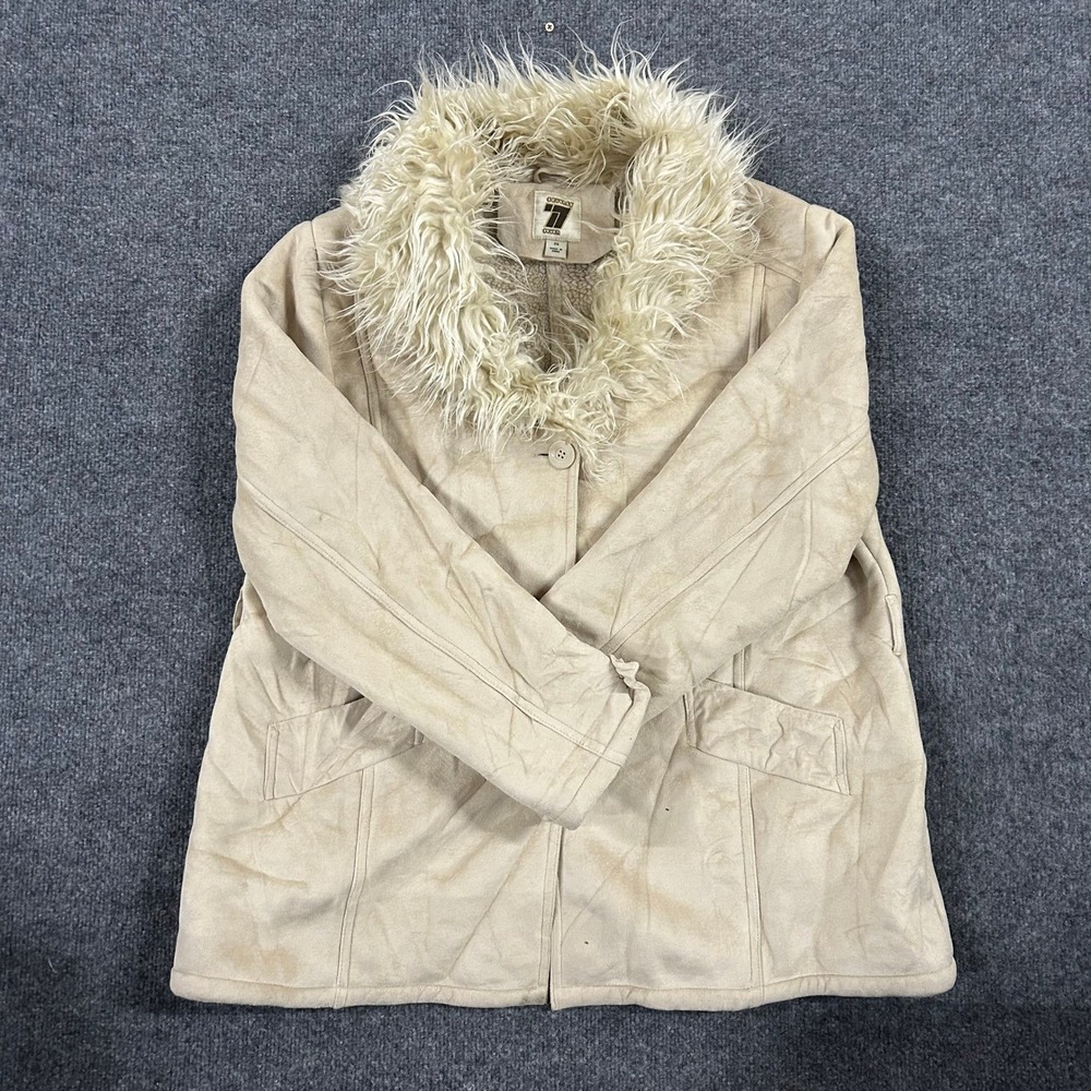 Seventy Seven Jacket Womens Size 2X Beige Faux Suede Fur Collar Sherpa Coat